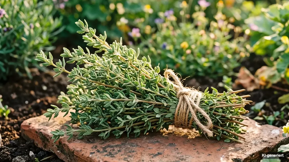 Blühender Echter Thymian mit kleinen graugrünen Blättern zwischen Natursteinen