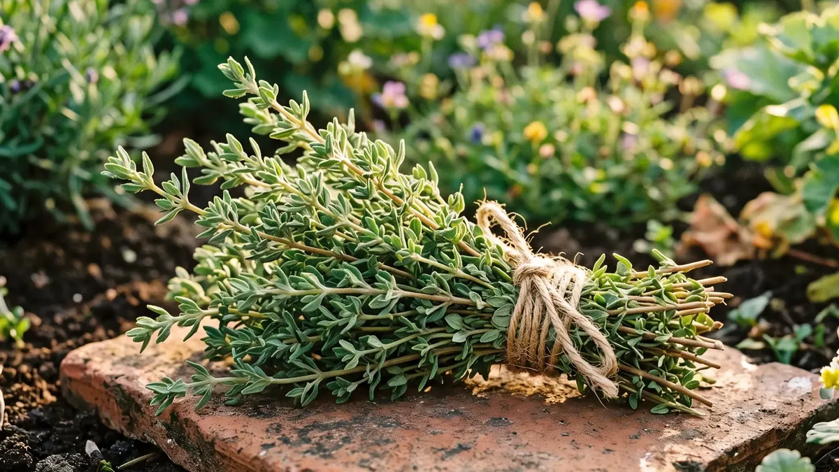 Blühender Echter Thymian mit kleinen graugrünen Blättern zwischen Natursteinen