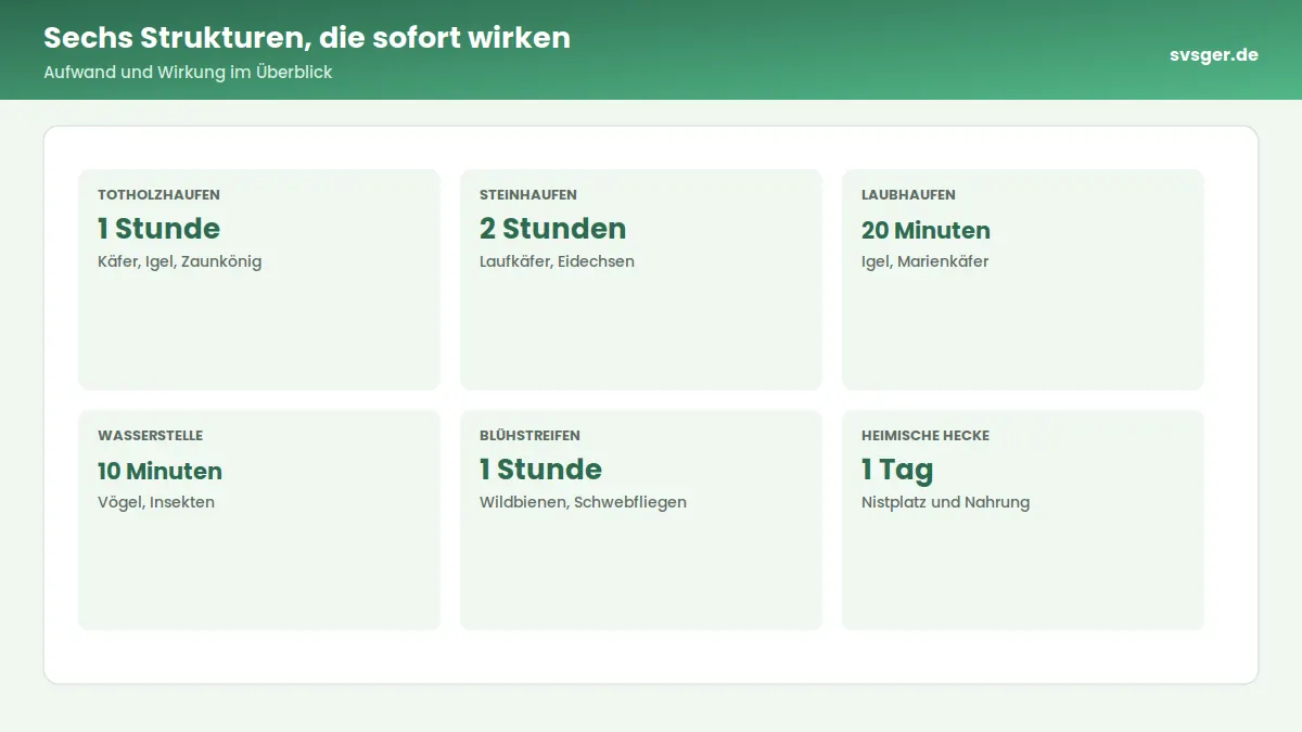 Kennzahlen-Grafik: Sechs Strukturen, die sofort wirken – Aufwand und Wirkung im Überblick