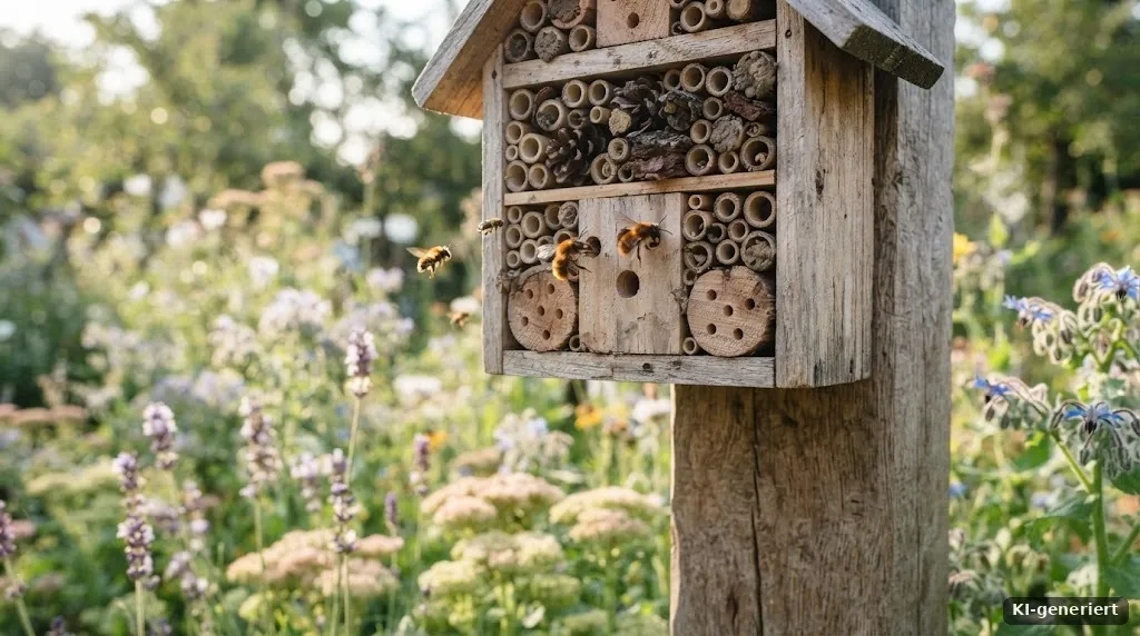 Insektenhotel an einem Holzpfosten mit Wildbienen