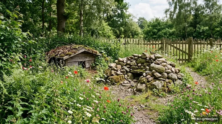 Naturnaher Garten mit Igelhaus, Steinhaufen und Wildblumen