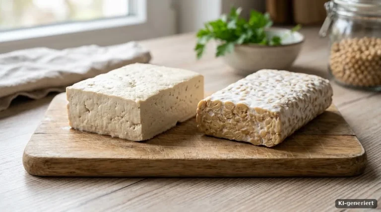 Selbst gemachter Tofublock und Tempeh auf einem Holzbrett