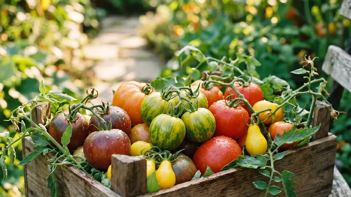 Reife rote Tomaten an einer Stabtomate im Gemüsebeet