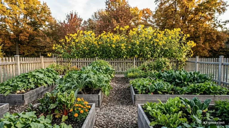 Hohe Topinamburpflanzen mit gelben Blüten am Gartenrand