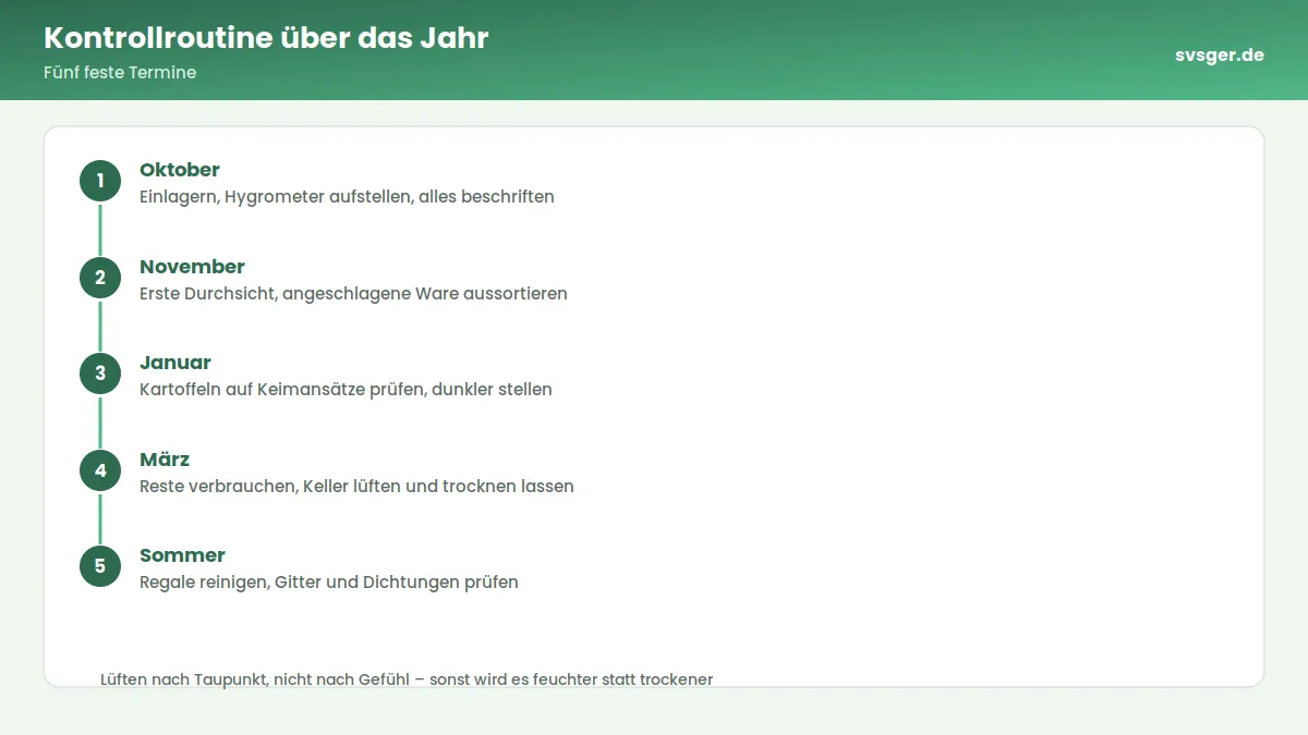 Ablaufgrafik: Kontrollroutine über das Jahr – Fünf feste Termine