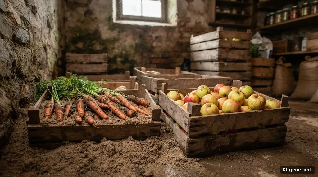Holzkisten mit Äpfeln und Möhren in Sand im Keller