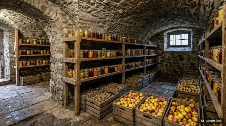 Kühler Gewölbekeller mit Holzregalen voller Einmachgläser, Kartoffelkisten und Äpfel