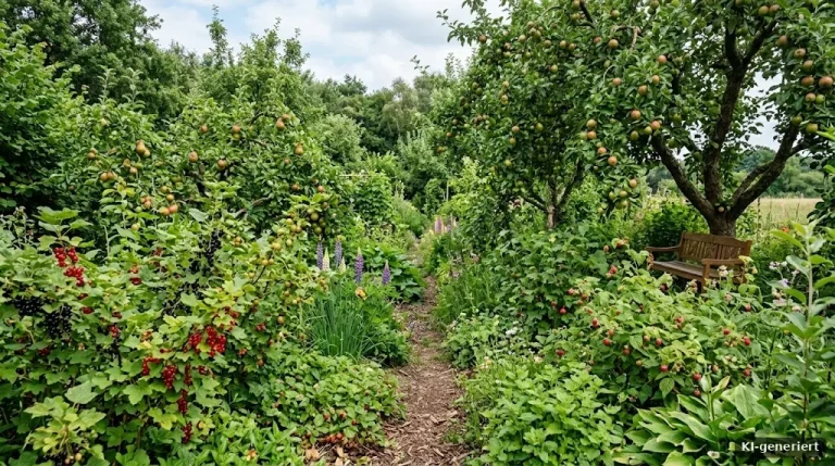 Waldgarten mit Obstbäumen, Beerensträuchern und Bodendeckern in mehreren Schichten