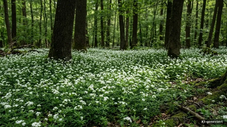 Blühender Waldmeister als Bodendecker unter Bäumen im Schatten