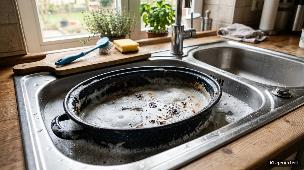 Emaillebräter wird in einem Spülbecken eingeweicht, Schaum und Wasser