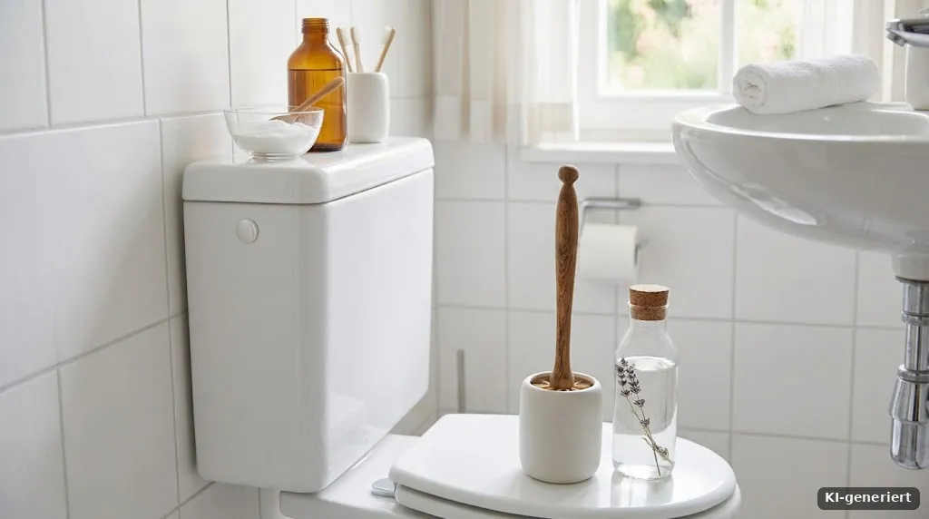 WC-Bürste aus Holz in einem Keramikhalter neben einer Glasflasche