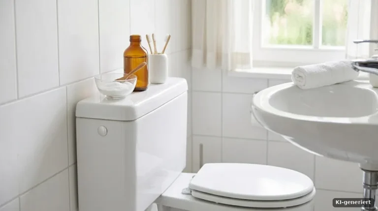 Sauberes weißes Badezimmer mit Toilette und einer kleinen Glasschale mit Zitronensäurepulver auf dem Spülkasten