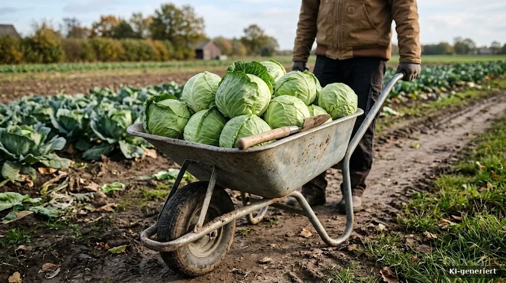 Geernteter Weißkohl auf einer Schubkarre