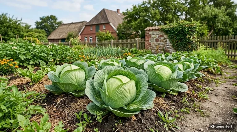 Weißkohlköpfe im Gemüsebeet