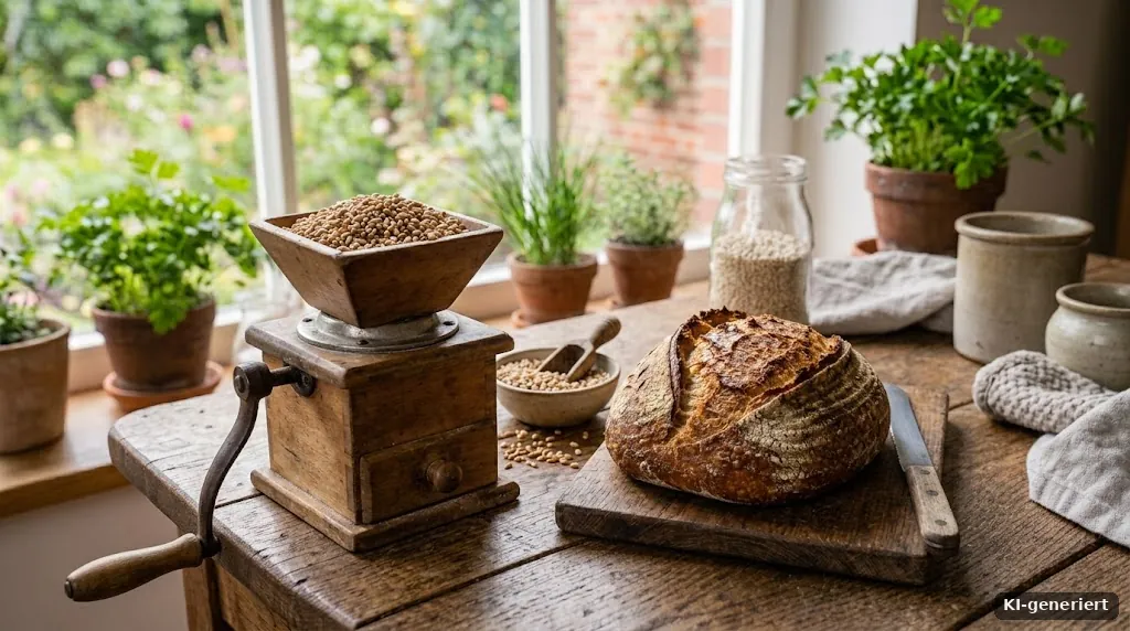 Weizenkörner in einer Handmühle neben einem Laib Brot