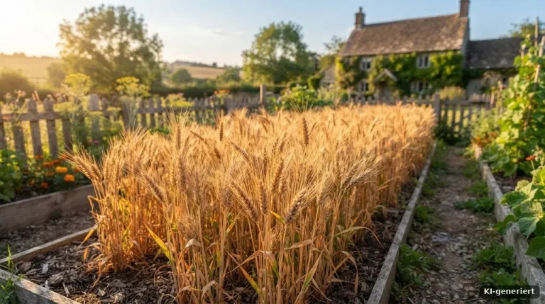 Goldenes Weizenfeld im Hausgarten kurz vor der Ernte