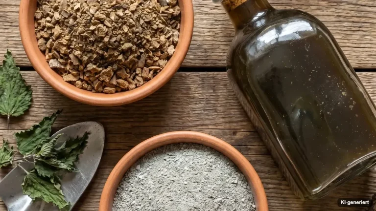 Eimer mit angesetzter Brennnesseljauche neben blühender Phacelia im Gemüsebeet