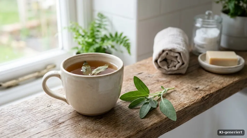 Tasse mit Salbeitee und frischer Salbei auf einem Badezimmerregal