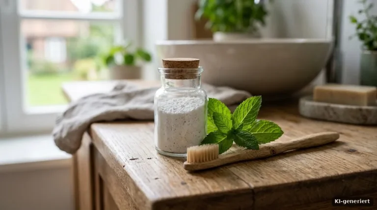 Kleines Glas mit weißem Zahnpulver, Holzzahnbürste und frische Minzblätter auf einem Waschtisch