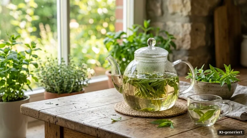 Teekanne aus Glas mit Zitronenverbenenblättern