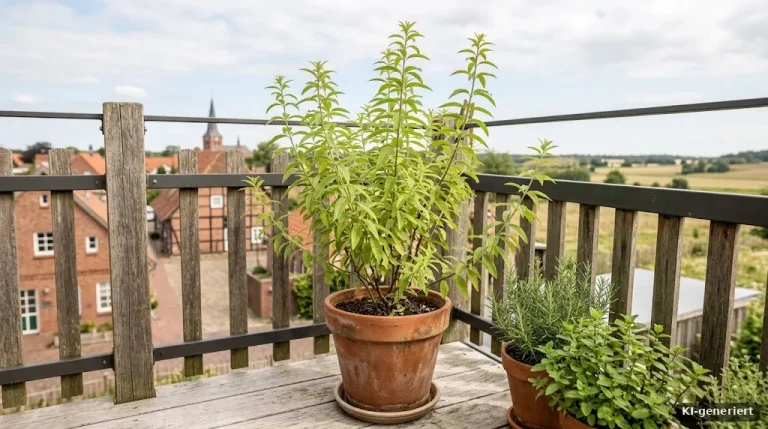 Zitronenverbene im Topf auf einem sonnigen Balkon