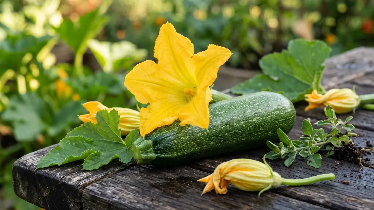 Zucchinipflanze mit gelber Blüte und reifen grünen Früchten im Beet