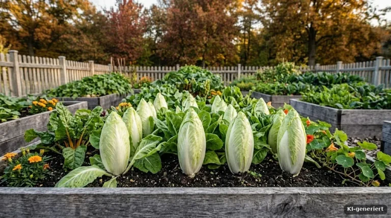 Zuckerhutsalat mit festen länglichen Köpfen im Herbstbeet