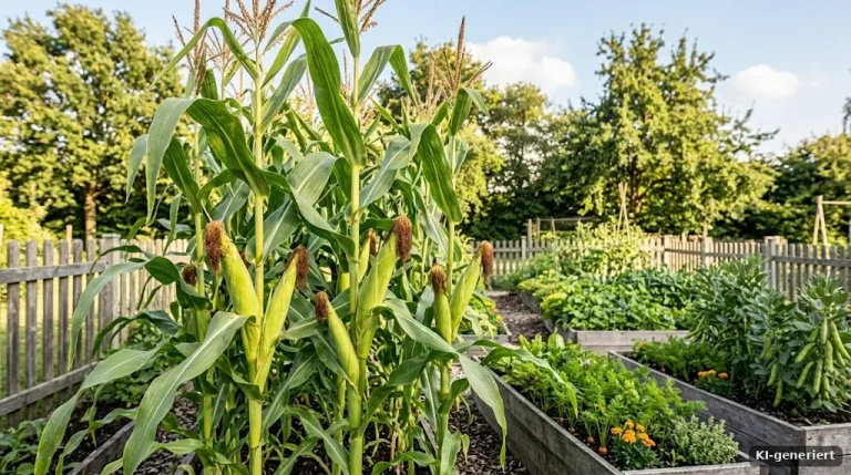 Zuckermaispflanzen mit Kolben im Gemüsegarten