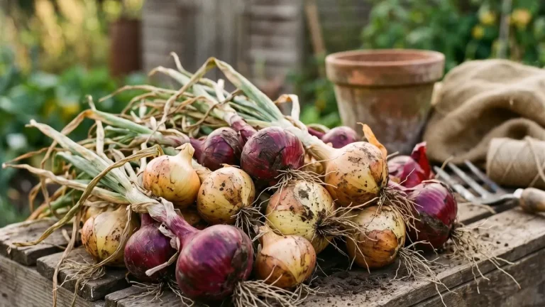 Frisch geerntete Zwiebeln trocknen auf einem Gartenbeet in der Sonne