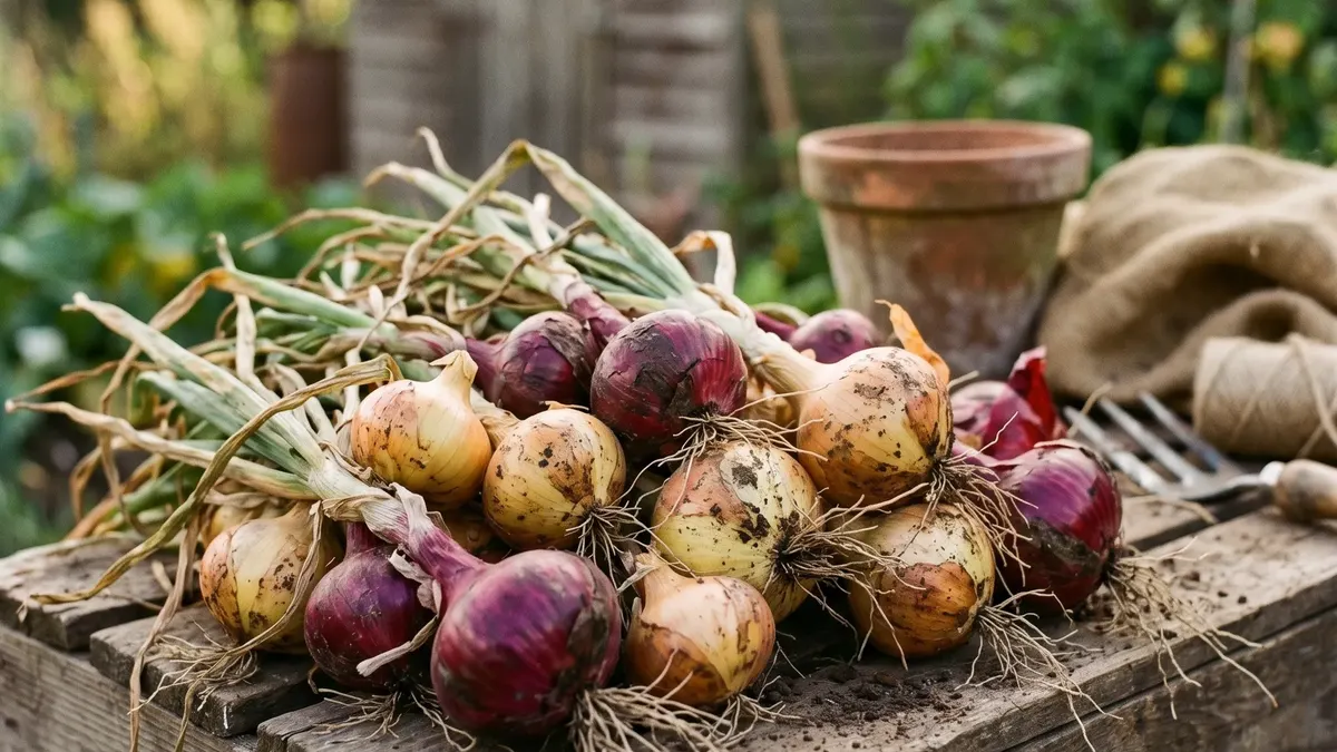 Frisch geerntete Zwiebeln trocknen auf einem Gartenbeet in der Sonne