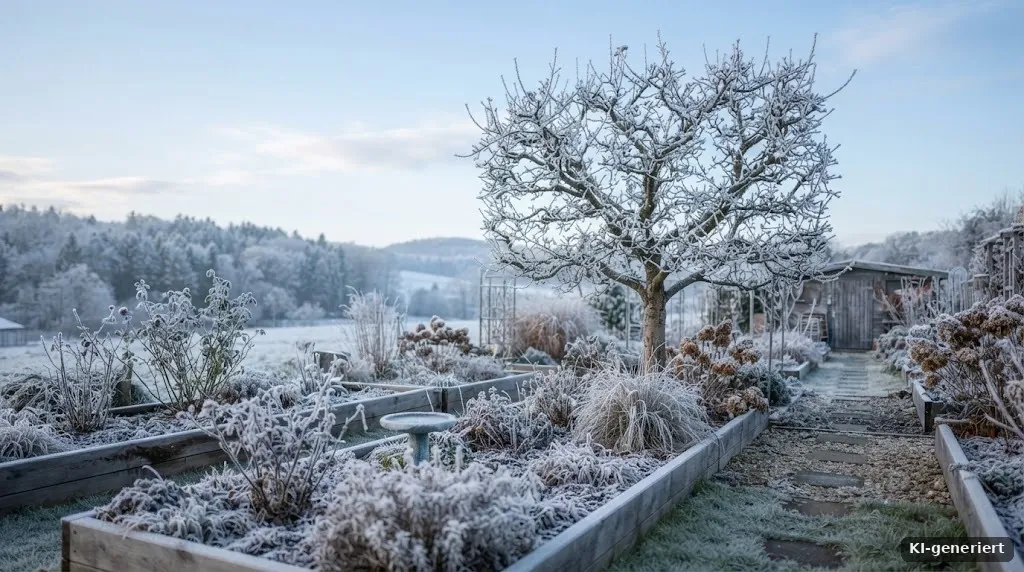 Winterlicher Garten mit Raureif auf Beeten und Obstbaum