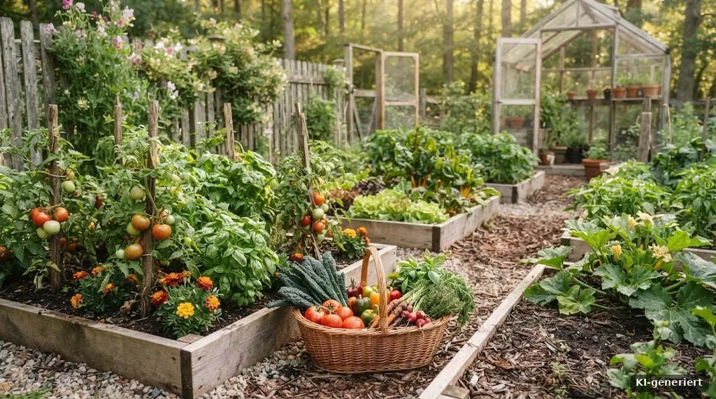 Kleiner Gemüsegarten mit wenigen Beeten und Erntekorb